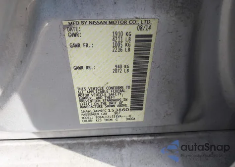 2015 Nissan Altima 2.5 S z USA, uszkodzony, nr VIN 1N4AL3AP4FC153860